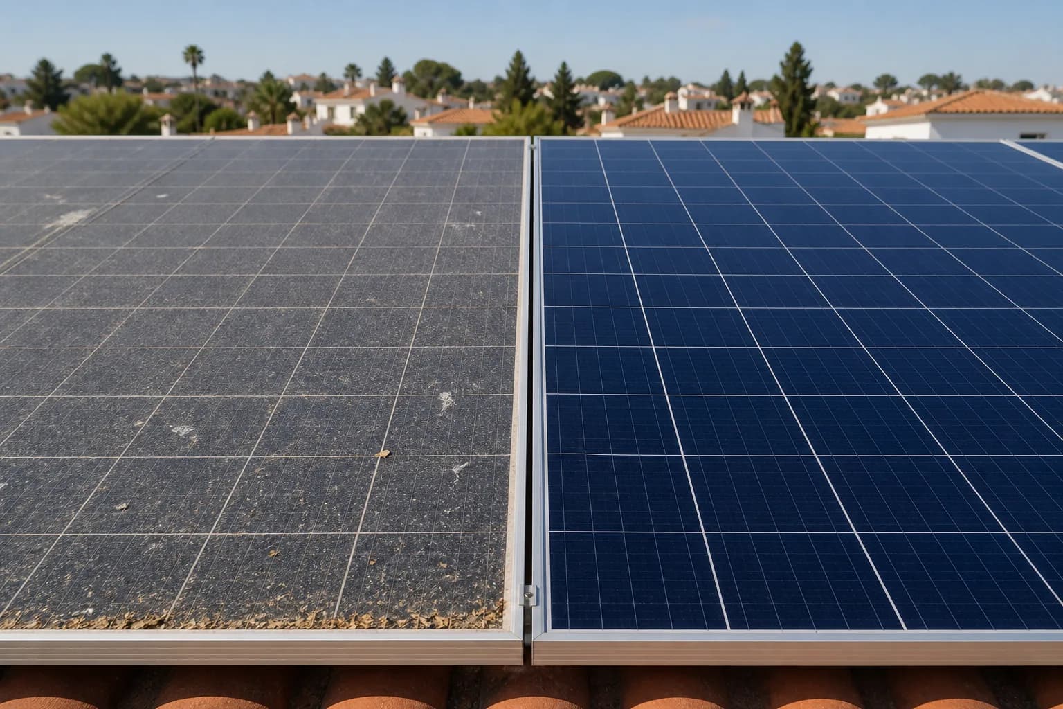 Dos paneles solares iguales en el mismo tejado: el de la izquierda cubierto de polvo y residuos y el de la derecha limpio